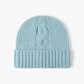 Light blue knit beanie featuring vertical ribbing and central diamond cable pattern - One Size / Lake Blue