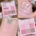 Pink 9-color eyeshadow palette with matte and shimmer swatches on soft background - No. 23 Pink/Coral Tones