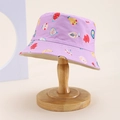 Close-up of children's sun hat with colorful fruit patterns on a wooden stand - Kids One Size / Light Purple (Cartoon Fruit)