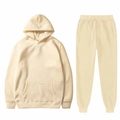 Minimalist cream casual tracksuit set with drawstring hoodie and elastic joggers for women - Khaki