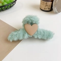 Mint green plush shark hair claw with a brown heart accent for autumn winter - Light Green Heart Plush Hair Claw
