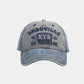 Detail of washed denim baseball cap featuring embroidery and contrast stitching on the brim - Adjustable / Blue-Grey Washed (Grey)
