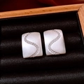 Macro shot of silver square earrings with matte finish and S-shaped rhinestone inlay - Silver (Silver Pin) / Silver