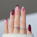 Detailed view of burgundy and pink gradient press-on nails with silver glitter accents - Bz1649 Vibrant Purple And Enchant Red / Glue Type