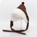 Braune Cord-Wintermütze für Kinder mit weißem Kunstfellfutter und rotem Pompon - 52CM(2-4 Jahre) / Brauner Bommel Bindestil (A1)