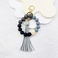 Black and leopard print silicone bead wristlet keychain with wooden bead and grey leather tassel - Grey Leopard