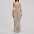 Women's flared yoga set with halter cross-top and high-waist pants in taupe color - 3109 Vest + 3109 Flared Pants - Linen