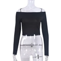 Close-up of black off-shoulder cropped long sleeve top with slim fit design on mannequin - S / Black