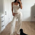 Zweiteiliges Damen-Loungewear-Set mit floralem Top ohne Ärmel und weiter Hose - S / Beige Blumenmuster