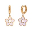 Golden flower hoop earrings with white iridescent shell pendants on white background - Gold-Flower