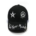Detail of black cotton baseball cap with silver metal rings and graffiti print - M (56-58cm) / Black With Bead Rings