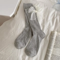 Lolita style gray ribbed crew socks featuring a delicate white organza bow detail - Grey Mesh Bow