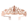 Close-up of rose gold bridal crown with champagne crystals and integrated hair combs - Champagne