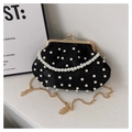 Elegante schwarze Abendtasche aus Satin mit weißen Perlen und goldener Kette - Perlen Verziert/Satin/Kussverschluss / Schwarz