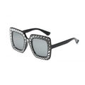 Black oversized square sunglasses with diamond-studded frame and dark grey tinted lenses - Black Frame Silver Mirror