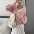 Cárdigan de punto rosa con cuello en V, botones dorados y manga larga de estilo suave - S / Rosa