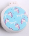 Portable white folding hairbrush with blue magic unicorn pattern and makeup mirror - Magic Blue Pony
