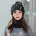 Women's black knit beanie with faux fur pom and matching scarf set for winter - Hat & Scarf Set / Black