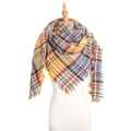 Plaid bouclé yarn triangle shawl scarf with colorful checkers and fringe trim - Yellow