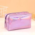 Iridescent purple laser makeup bag with portable zipper closure for travel storage - Pink