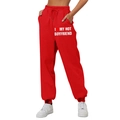 Women's red high waisted sweatpants with I Love My Hot Boyfriend print and drawstring - S / Bottom (I ❤️ MY HOT BOYFRIEND) / Red