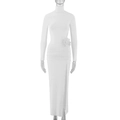 Detail of white high-neck maxi dress featuring waist pleats and a 3D floral accent - S / White