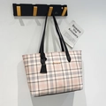 Classic beige, black and red checkered tote bag with elegant black handles and gold logo - Black Plaid Tote / Black