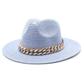 Chic woven straw jazz hat in light purple with a bold gold chain band for sun protection - M (56-58cm) / Sky Blue