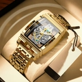 Men's tonneau mechanical watch with gold hollow movement and metal strap in gift box - Full Gold (Steel Strap)