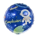 Space-themed round foil balloon with astronaut and Feliz Cumpleaños Spanish birthday text - Round Spanish Space
