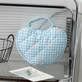 Heart-shaped quilted makeup bag in blue gingham with pink bow prints and a sturdy handle - Blue Grid with Bow