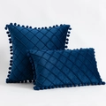 Dark blue velvet rhombus quilted pillows with decorative pom-poms in two sizes - 30*50cm Without Core / Navy Blue