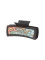Black rectangular shark hair claw clip featuring a painted desert cactus and moon design - Black Cactus Moon Illustration (90248)