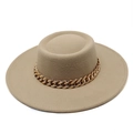 Detailed texture of khaki wool felt boater hat featuring a chunky gold metal chain link - M (56-58cm) / Khaki