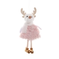 Renna di peluche rosa con corna di paillettes dorate e gonna di piume per l'albero - Ciondolo Berretto in Maglia Rosa Renna
