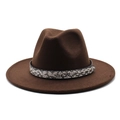 Detail of a dark brown wool fedora hat featuring a stylish snakeskin patterned band and gold stud - Dark Coffee