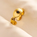 Macro shot of gold adjustable 304 stainless steel ring with black gemstone and hammered texture - Gold Black Gemstone Style (J514-G-B)