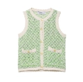 Women's green and white textured knit vest with gold buttons and decorative pockets - S / Green and White Striped