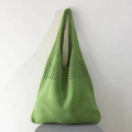 Grass green handmade knit tote bag with mesh upper and solid bottom panel detail - Green
