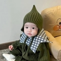 Deep green baby earflap knit hat and sweater set with a blue and white checkered collar - Cap circumference 40-48cm, suitable for 3-18 months / Elf Hat Green