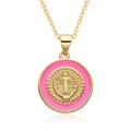 Detail of pink enamel round pendant with gold religious relief on a necklace - Style A013