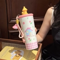 Cute cream-colored cartoon vacuum flask with pink house pattern and sprout lid design - 700ml / Pink