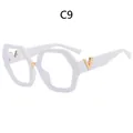 White hexagonal oversized glasses with V-shaped metal gold hinges and blue light lenses - Solid White