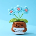 Handmade crochet potted plant with blue flowers and positive message card decoration - Positive Potted-Puff Flower Light Blue