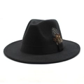 Classic black felt fedora hat with elegant feather and ribbon detail on white background - M (56-58cm) / Black