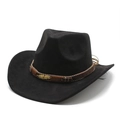 Detail van zwarte suède cowboyhoed met een bruine band en een goudkleurig veeraccent - M (56-59cm) / Zwart Suède