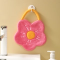 Pink coral velvet flower hand towel with yellow hanging loop on bathroom wall - Rose Red