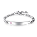 Silver Cuban link bracelet with a pink gemstone and customizable rectangular bar pendant - Smooth Natural Color Women's Style