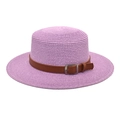 Detalle del ala del sombrero de paja violeta con correa de cuero sintético marrón - M / Púrpura Taro