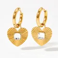 Golden heart earrings with radiant texture and square clear gemstone settings - Vacuum Plated 14K Gold White (KDE820)